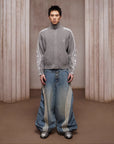 LÉVITER & Striped Panel Wide-Leg Denim Washed Indigo Blue
