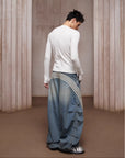 LÉVITER & Striped Panel Wide-Leg Denim Washed Indigo Blue
