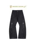 LÉVITER & REGEN ZONE Racing Embroidered Studded Deconstructed Curved Raw Denim