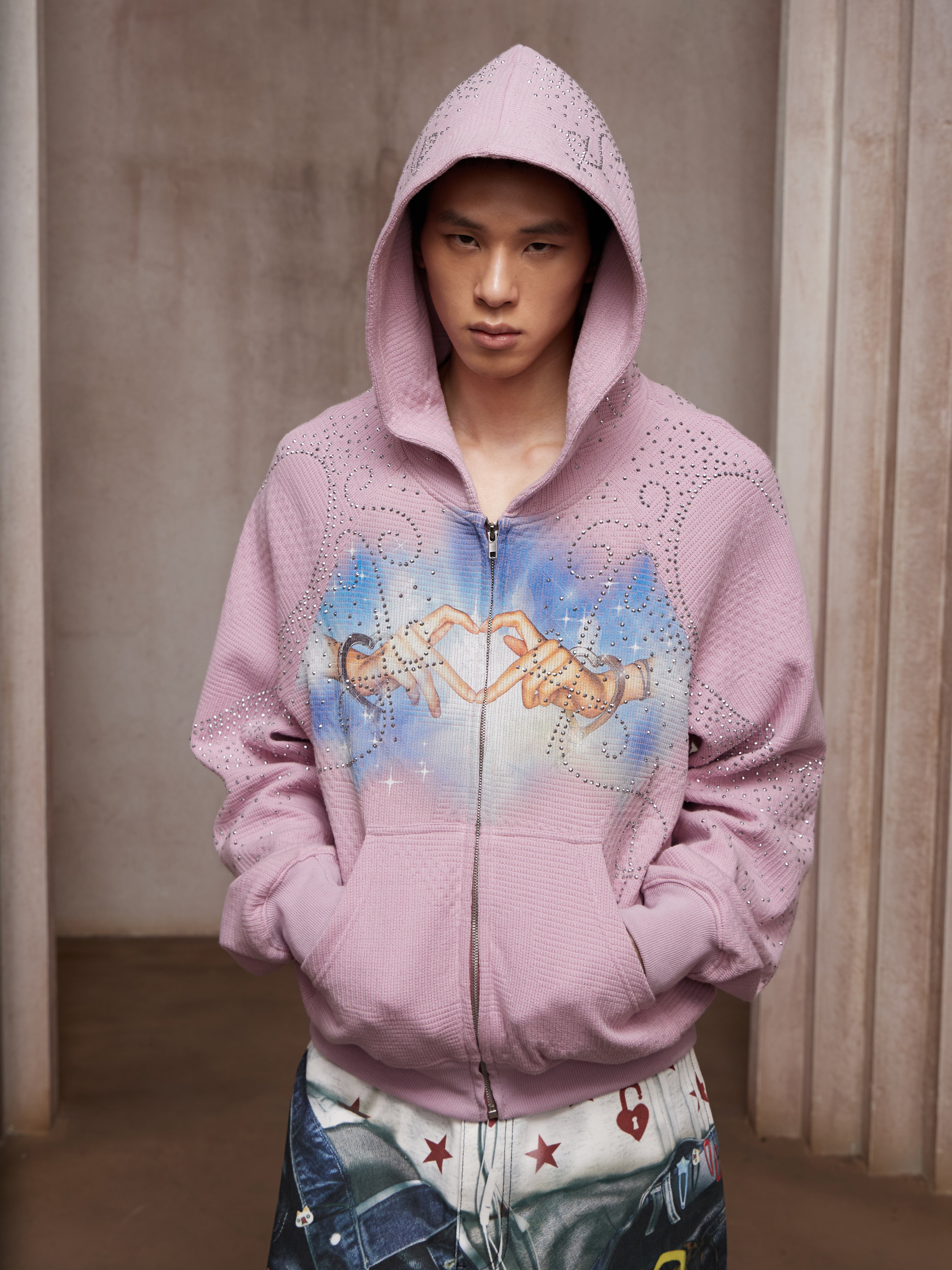 LÉVITER &amp; Divine Hands” Rhinestone Hoodie Pink