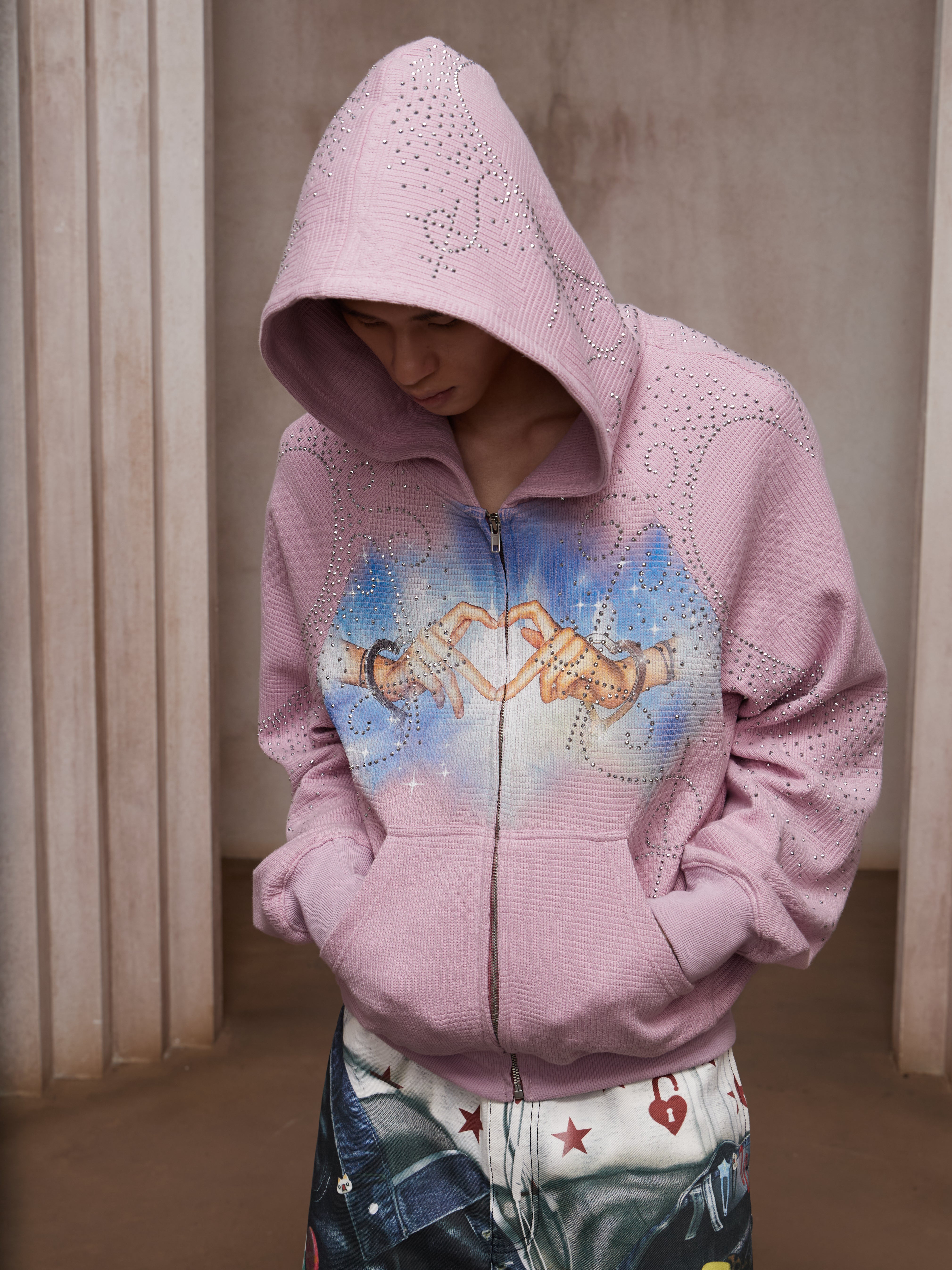 LÉVITER &amp; Divine Hands” Rhinestone Hoodie Pink