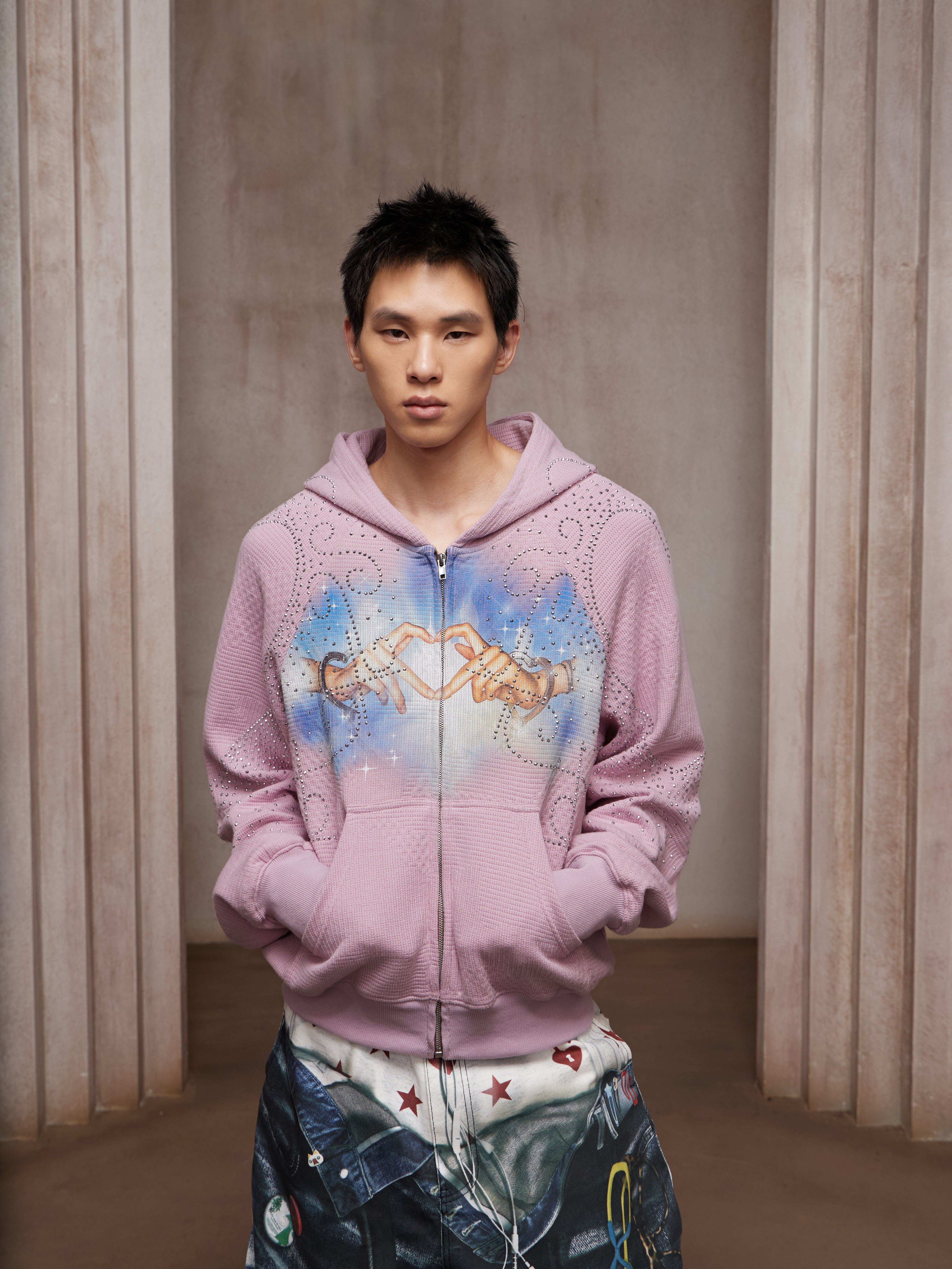LÉVITER &amp; Divine Hands” Rhinestone Hoodie Pink