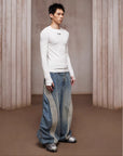 LÉVITER & Striped Panel Wide-Leg Denim Washed Indigo Blue