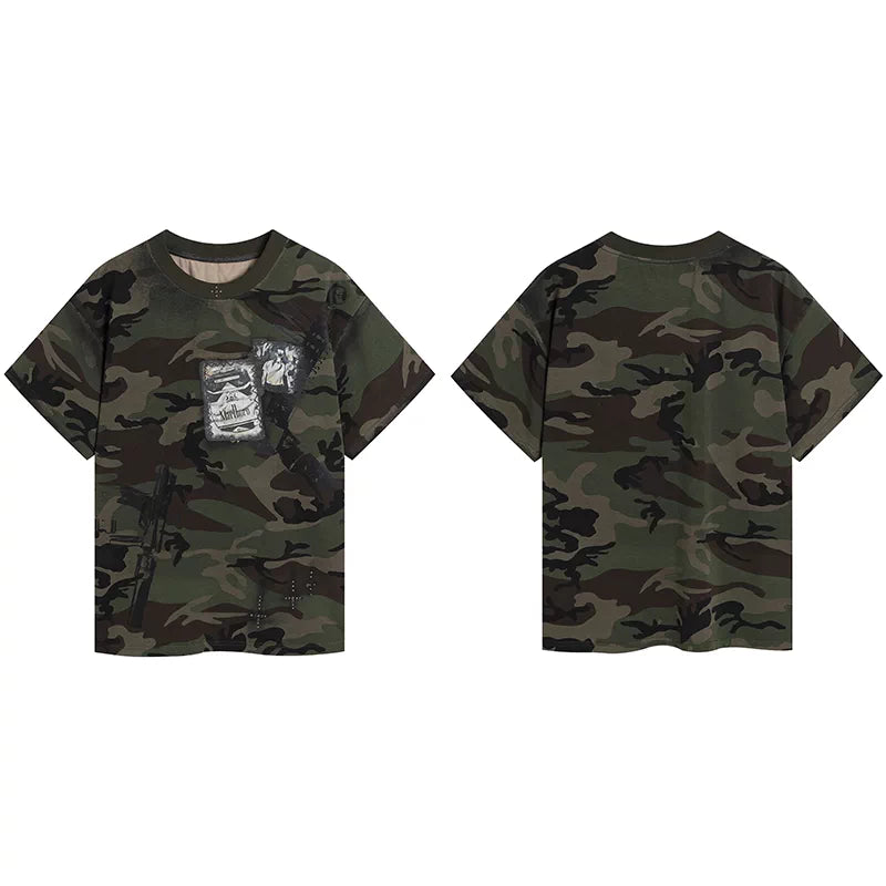 LÉVITER DND4DES Rhinestone Cross Marlboro Machine Gun Camo Tee