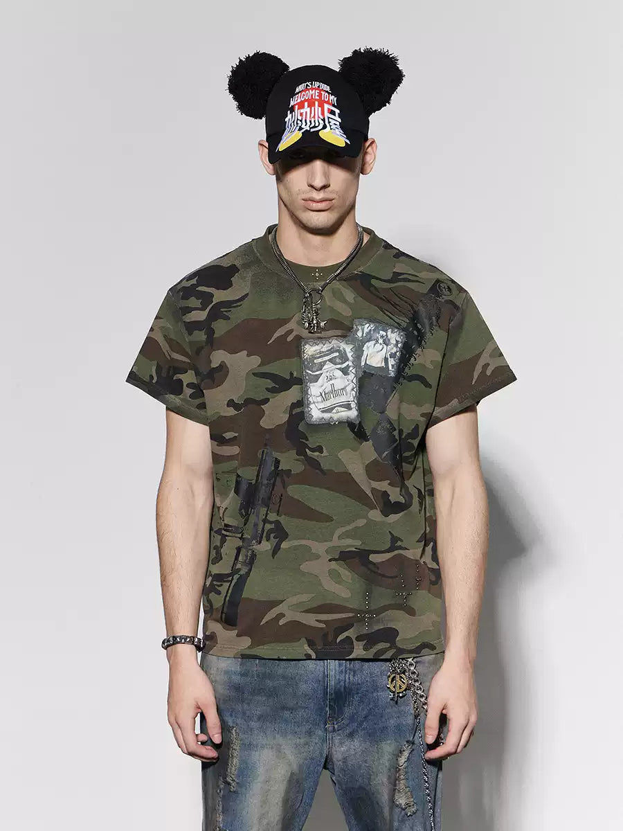 LÉVITER DND4DES Rhinestone Cross Marlboro Machine Gun Camo Tee