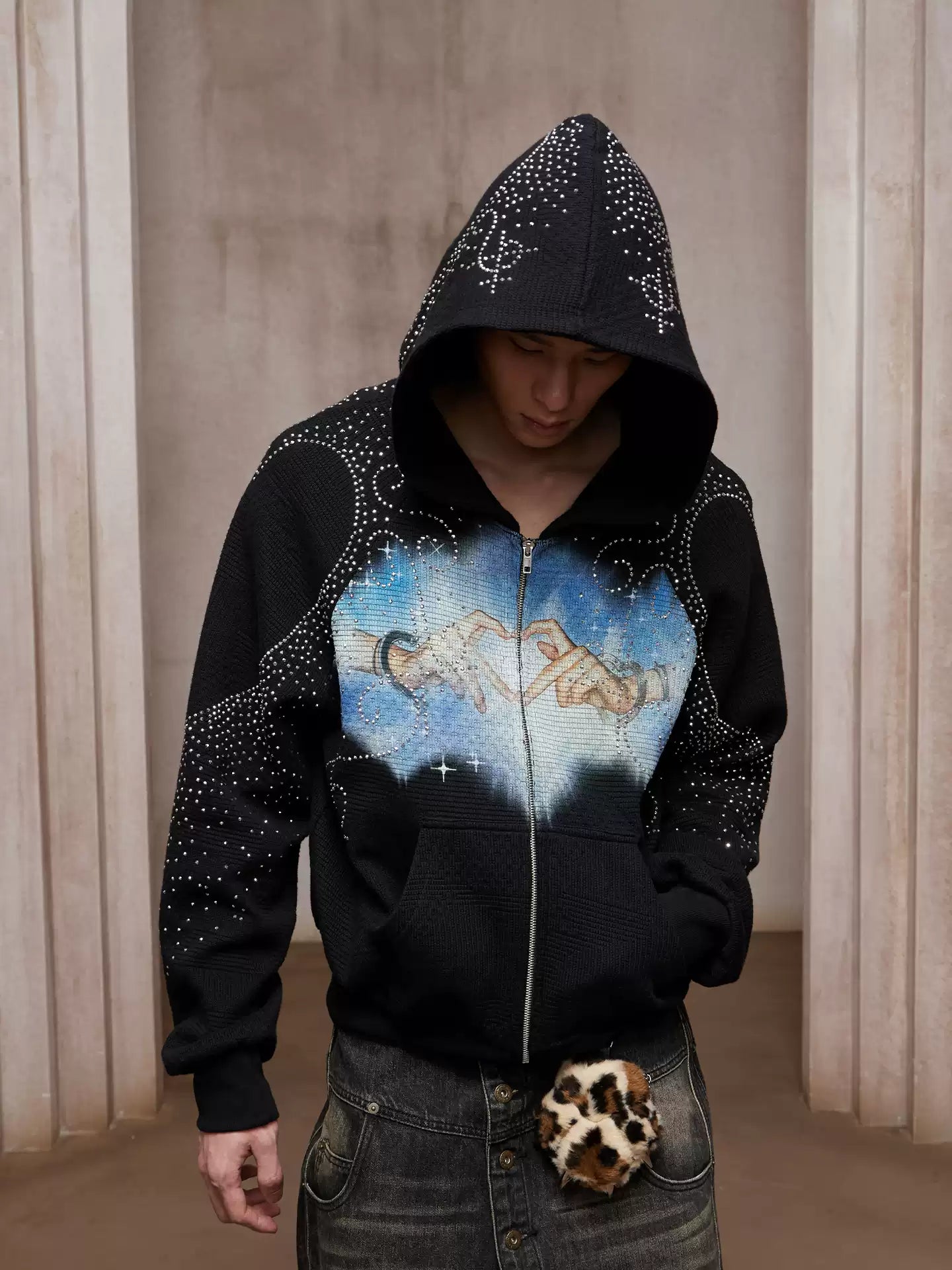 LÉVITER &amp; Divine Hands” Rhinestone Hoodie Black