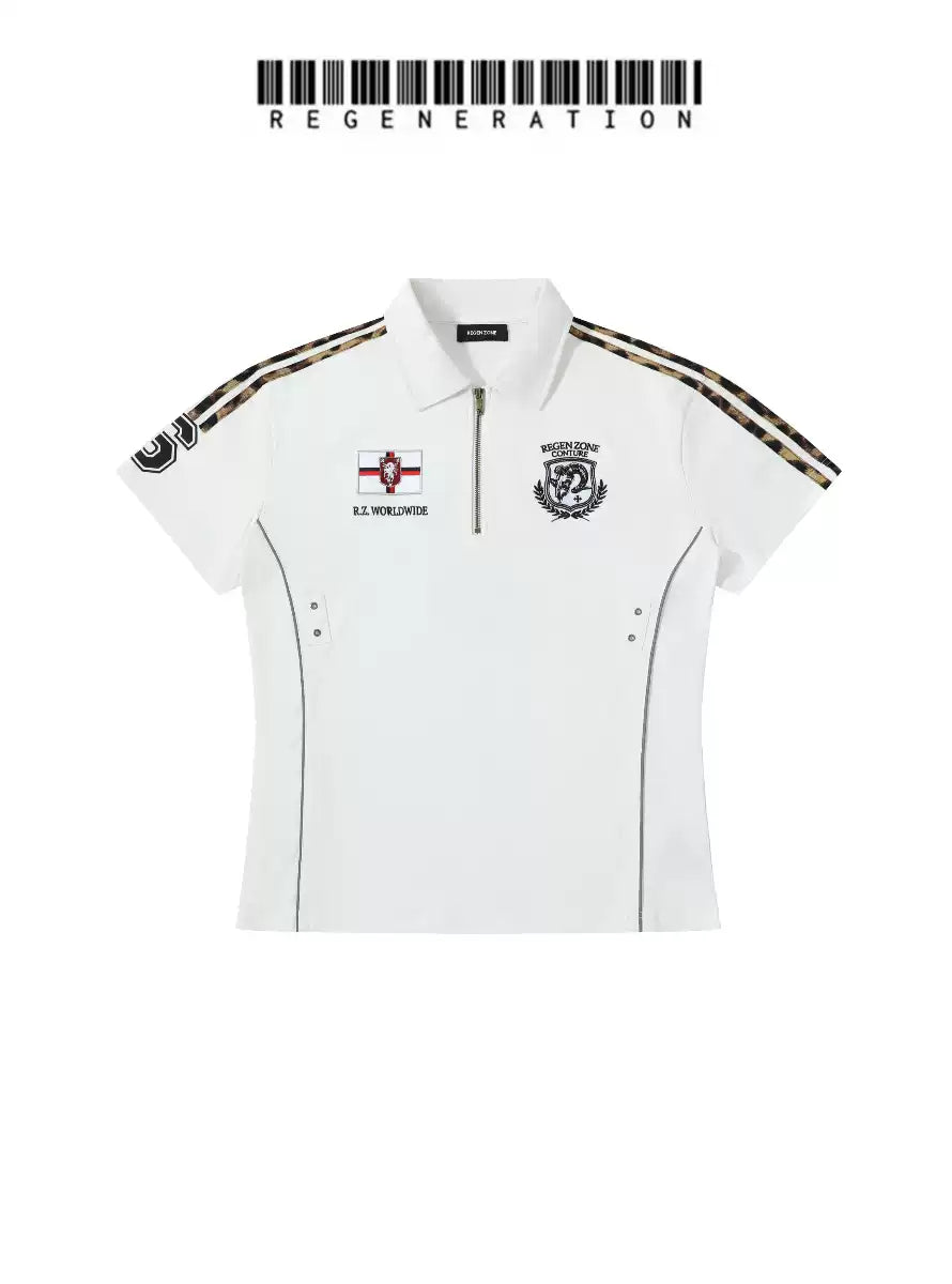LÉVITER &amp; REGEN ZONE SS26 Leopard Jacquard Striped Reflective Goat Polo White