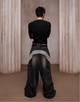 LÉVITER & Striped Panel Wide-Leg Denim Washed Black
