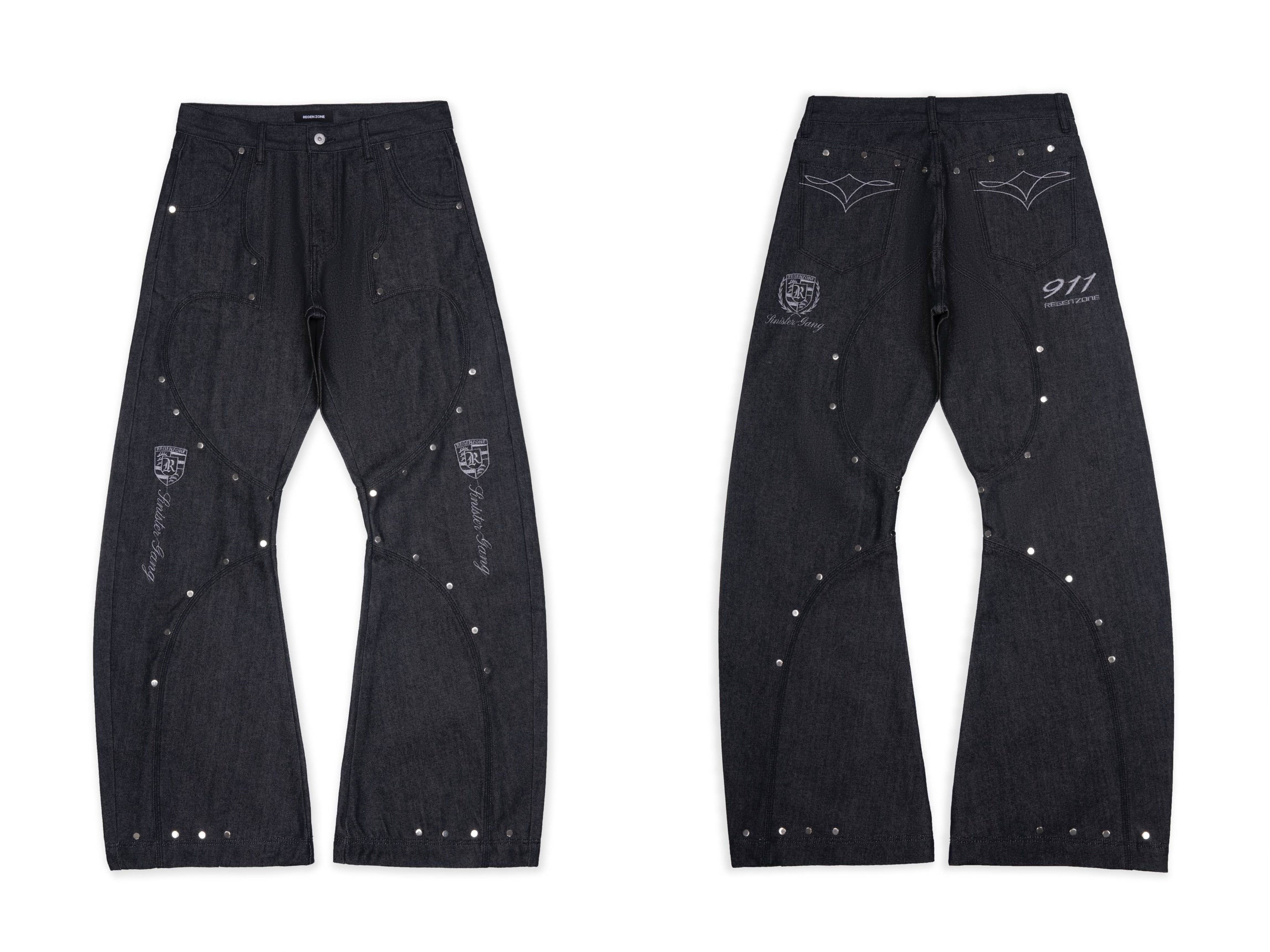 LÉVITER &amp; REGEN ZONE Racing Embroidered Studded Deconstructed Curved Raw Denim
