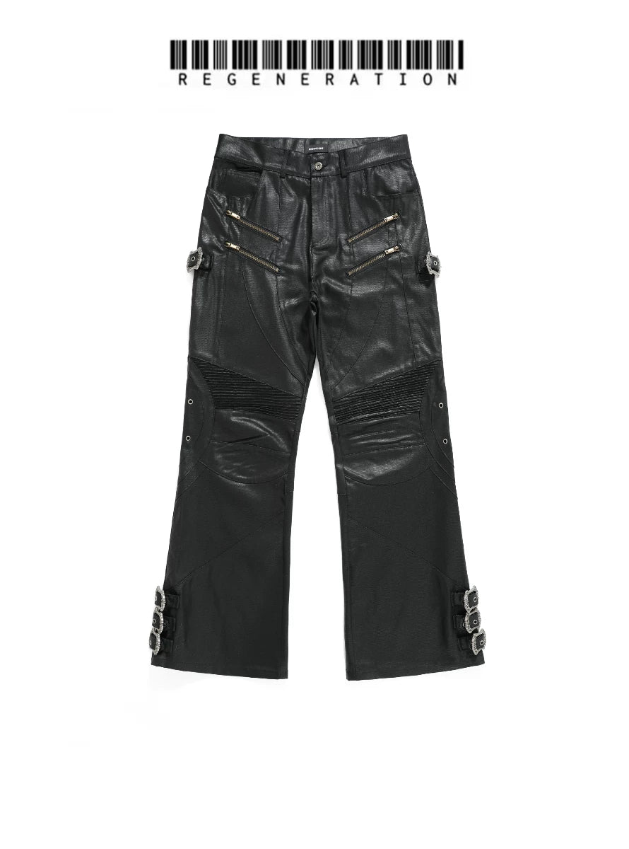 LÉVITER &amp; REGEN ZONE 26SS “Black Raven” Multi-Strap Waxed Biker Pants
