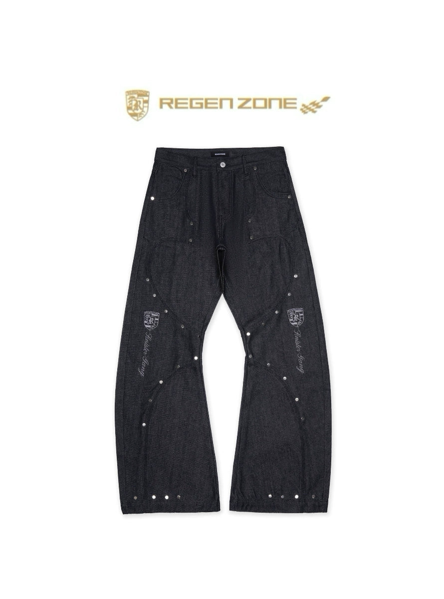 LÉVITER &amp; REGEN ZONE Racing Embroidered Studded Deconstructed Curved Raw Denim