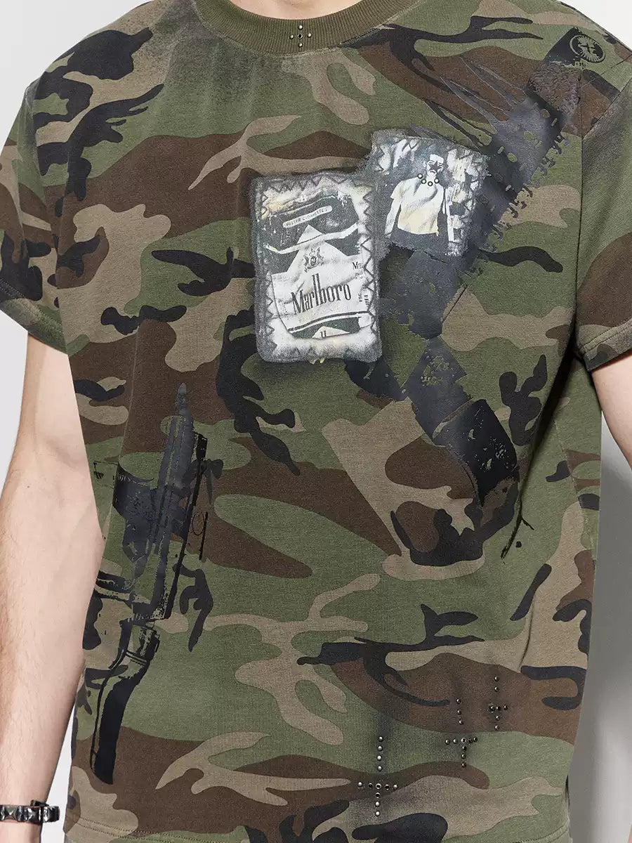 LÉVITER DND4DES Rhinestone Cross Marlboro Machine Gun Camo Tee