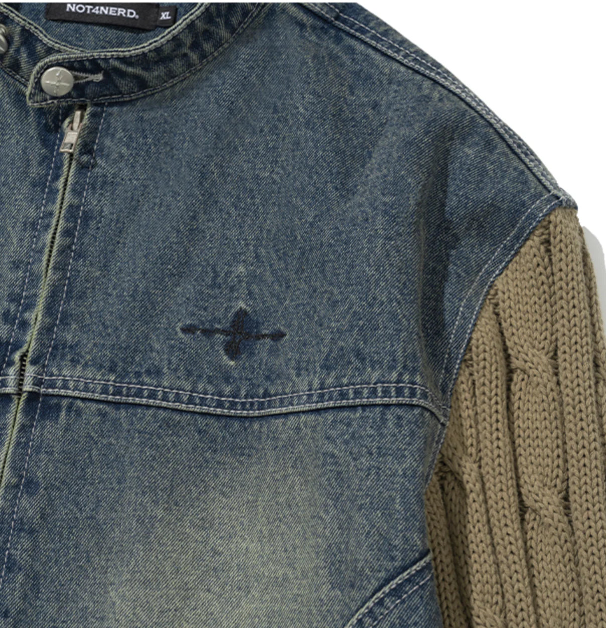 LÉVITER &amp; Knit Sleeve Denim Jacket DEEP BLUE